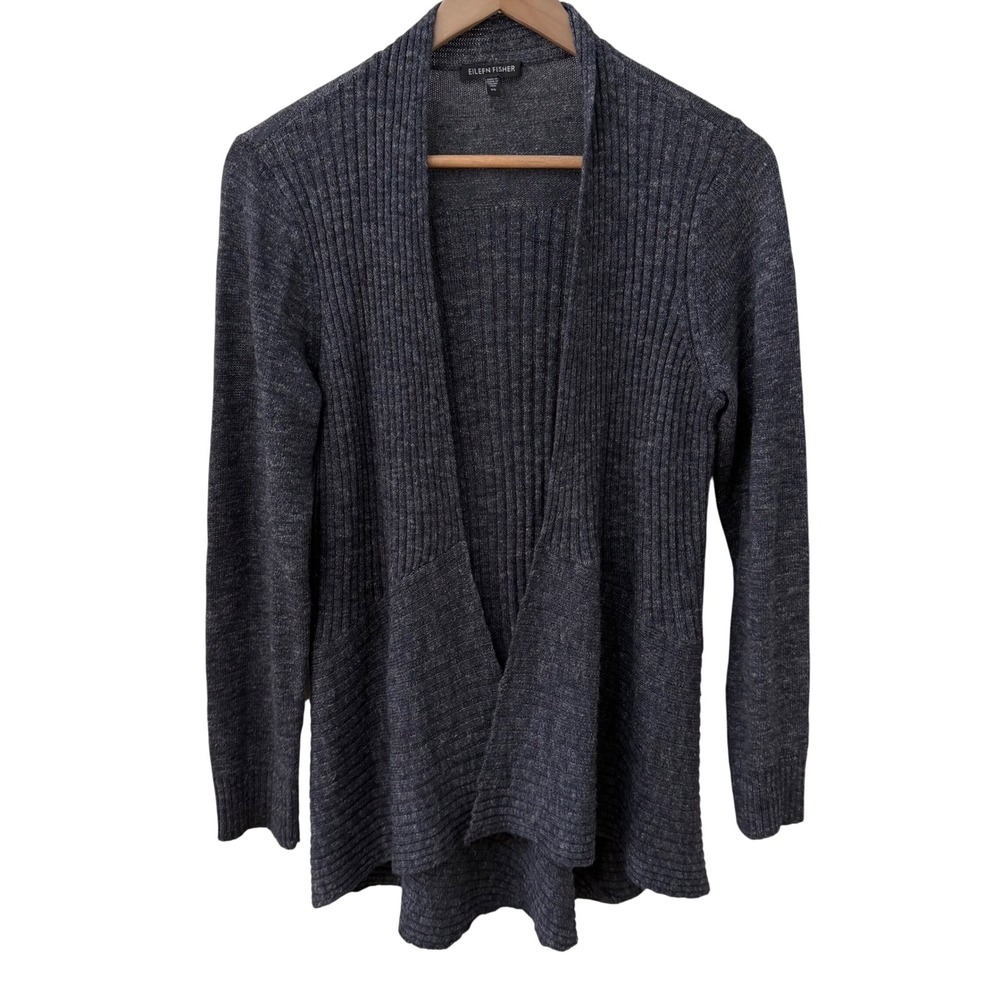 Eileen Fisher Cardigan XS Blue Grey Wool Linen Silk Ribbed Open Front 1222